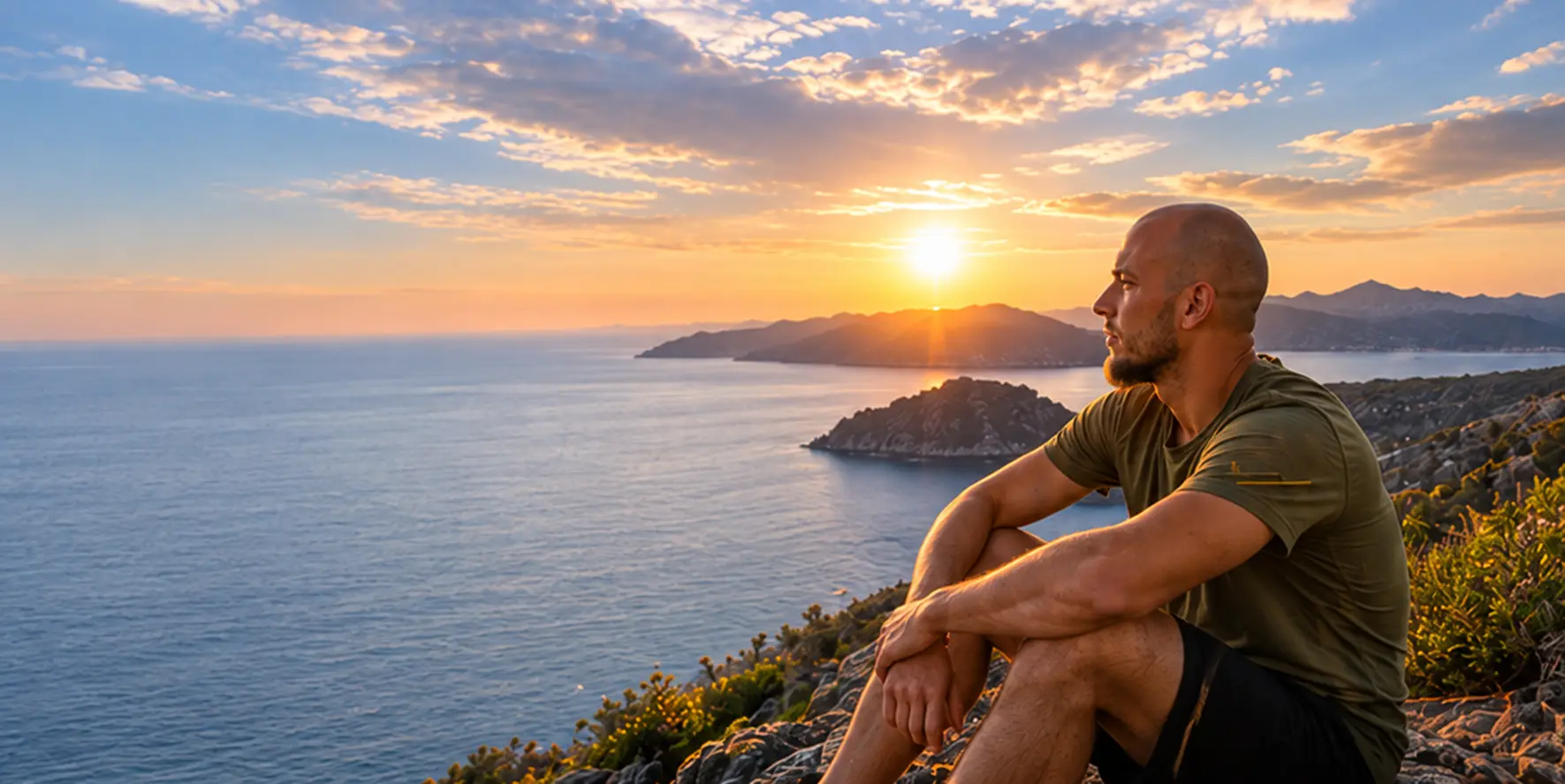 Alexandre Kallias assis face à la mer au coucher du soleil, le regard porté vers l'horizon