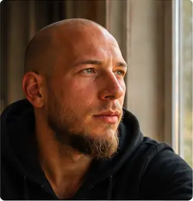 Alexandre Kallias de profil près d'une fenêtre, le regard tourné vers l'extérieur