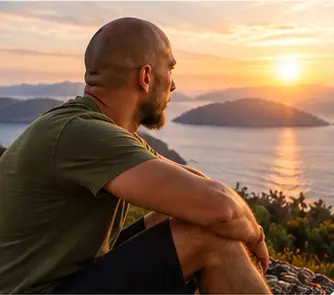 Alexandre Kallias assis face à la mer au coucher du soleil, les bras posés sur les genoux