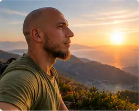 Alexandre Kallias de profil en hauteur, face au soleil couchant sur la mer et les montagnes