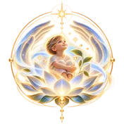 Emblème de l'accompagnement des enfants : un enfant assis dans une fleur de lotus lumineuse, recueilli entre deux mains de lumière