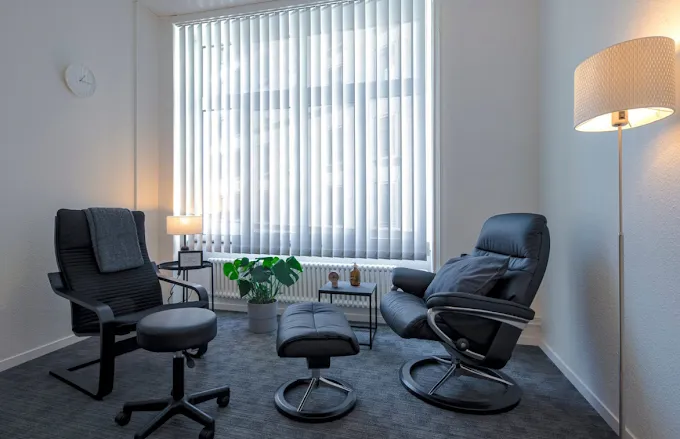 Espace de séance du cabinet d'Alexandre Kallias à Genève : deux fauteuils de relaxation dans une pièce calme et lumineuse