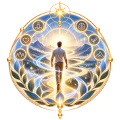 Emblème du coaching holistique : un homme marchant vers le soleil sur un chemin de lumière, entouré des symboles des dimensions de l'être