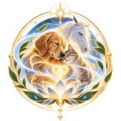 Emblème de la communication animale : un chien, un chat et un cheval blottis dans un halo de lumière, au-dessus d'une fleur de lotus