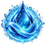Emblème de l'Esprit de l'Eau : une goutte d'eau entourée de vagues et de gouttelettes lumineuses