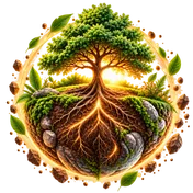 Emblème de l'Esprit de la Terre : un arbre et ses racines dans un cercle de terre, de mousse et de pierres