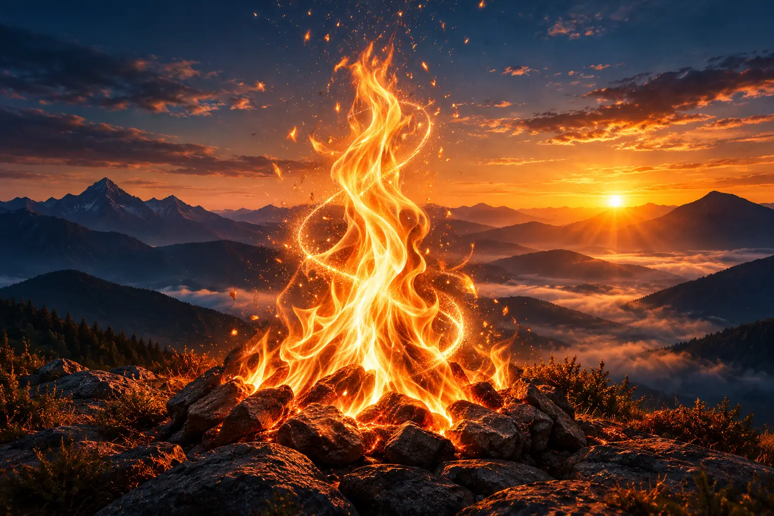 Un grand feu dressé sur un sommet rocheux, face à un lever de soleil sur une mer de nuages et des montagnes